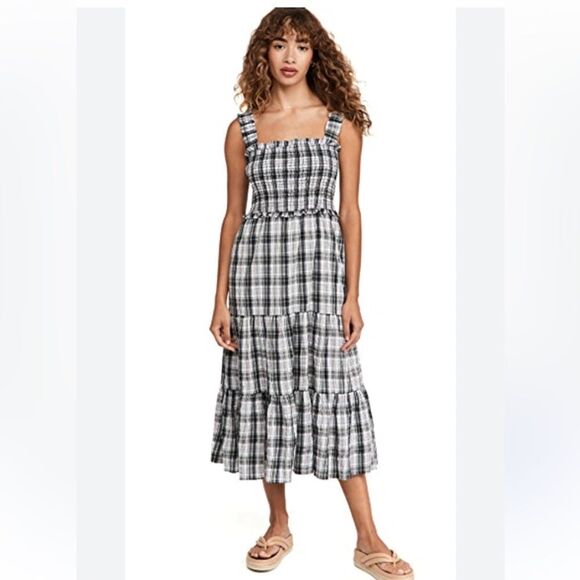 $495 Veronica Beard Ziada Smocked Sleeveless Plaid Wide
Strap Tired Dress - Picture 1 of 11